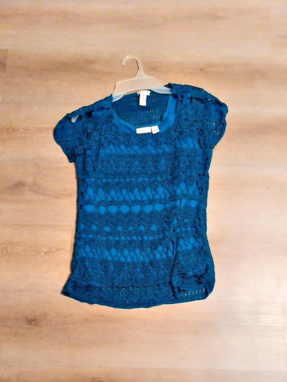 Chico's Women's Crochet Layered Short Sleeve Top in Blue Size 2 Like New